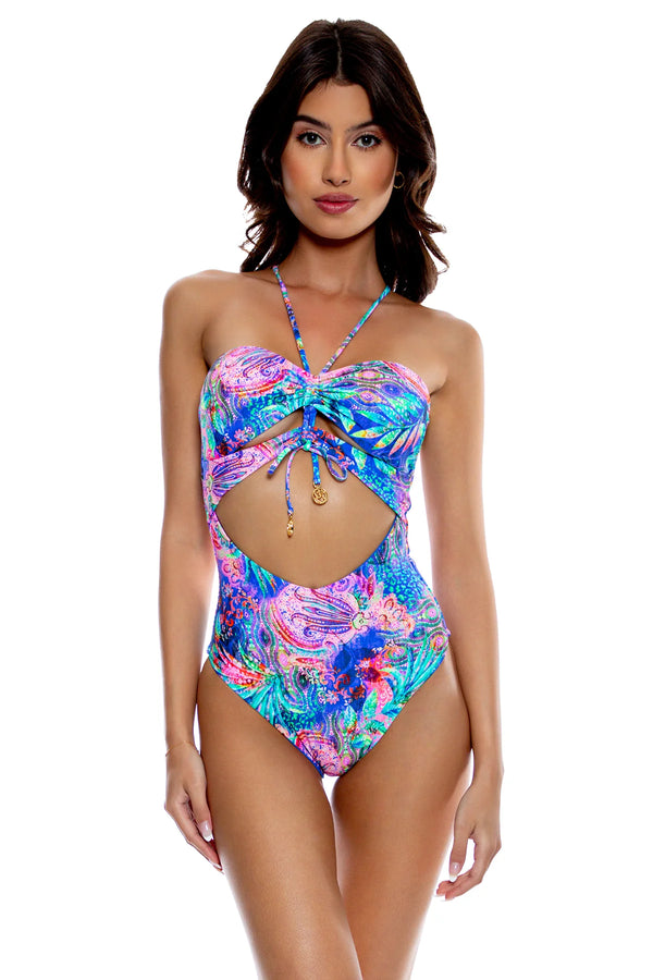 Luli Fama Jungle Fever Drawstring Halter Cut Out One Piece